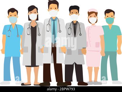 Satz von Ärzten Zeichen in medizinischer Uniform mit Gesichtsmaske. Coronavirus 2019-nCoV-Konzept. Medizinisches Team Arzt Krankenschwester Therapeut Chirurg professionelle h Stock Vektor