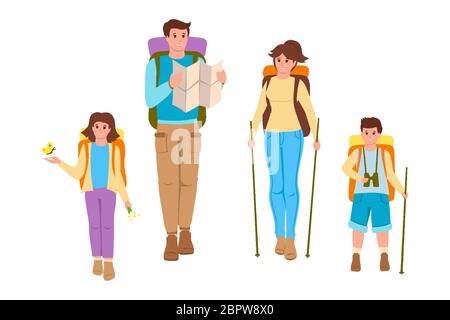 Glückliche Familie auf einem weißen Hintergrund flache Cartoon Menschen. Vater, Mutter und Kinder unterwegs. Sommer Outdoor-Aktivitäten, Spaziergang in der Natur. Rucksack und Ausrüstung für den Tourismus. Vektorgrafik. Stock Vektor
