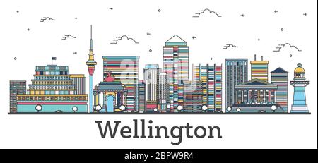 Skizzieren Sie die Skyline von Wellington, Neuseeland, mit farbigen Gebäuden, die auf Weiß isoliert sind. Vektorgrafik. Wellington Stadtbild mit Wahrzeichen. Stock Vektor