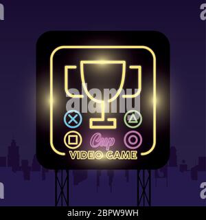 Retro Videospiel Neon mit Trophäe Stock Vektor
