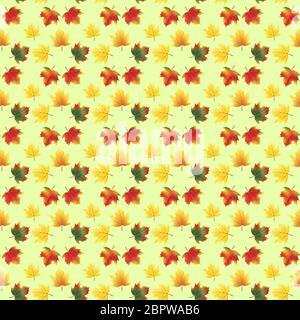Hand gezeichnet nahtloses Muster aus gelben und roten Herbst Ahornblätter. Herbst. Doodle-Stil Illustration für Kalender, Jahreszeit, Stoff, Cover oder Banner. Stockfoto