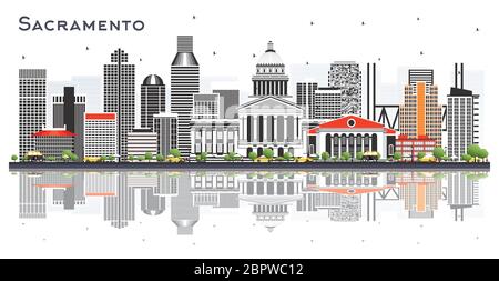 Sacramento California City Skyline mit grauen Gebäuden und Reflektionen isoliert auf Weiß. Vektorgrafik. Stock Vektor