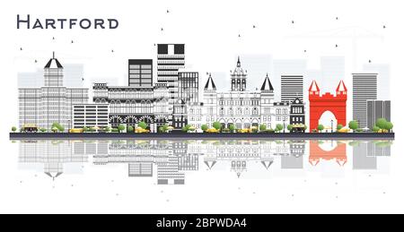 Hartford Connecticut City Skyline mit grauen Gebäuden und Reflektionen isoliert auf Weiß. Vektorgrafik. Stock Vektor