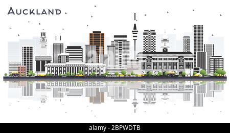 Skyline von Auckland, Neuseeland, mit grauen Gebäuden und Reflektionen isoliert auf Weiß. Vektorgrafik. Tourismuskonzept mit modernen Gebäuden. Stock Vektor