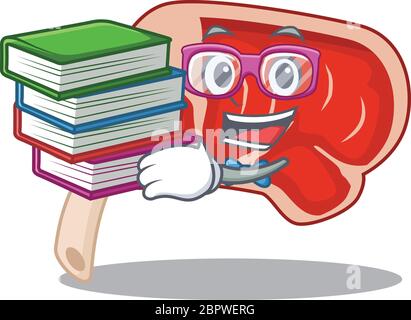 Ein fleißiger Student in prime Rib Maskottchen Design Konzept lesen viele Bücher Stock Vektor