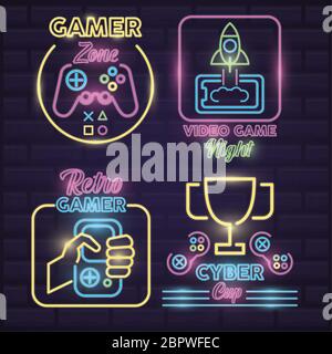 Retro Videospiel Neon Bundle Set Symbole Stock Vektor