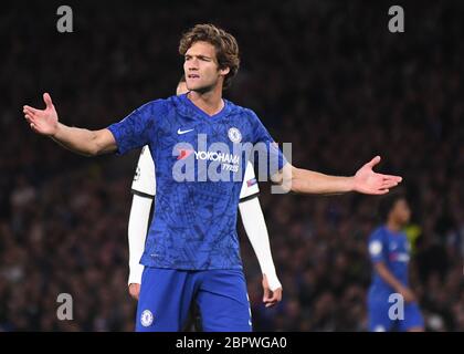 LONDON, ENGLAND - 17. SEPTEMBER 2019: Marcos Alonso aus Chelsea, aufgenommen während des UEFA Champions League-Gruppenspiels 2019/20 zwischen Chelsea FC (England) und Valencia CF (Spanien) an der Stamford Bridge. Stockfoto