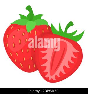 Frische helle exotische ganze und halb geschnittene Erdbeere isoliert auf weißem Hintergrund. Sommerfrüchte für einen gesunden Lebensstil. Bio-Obst. Cartoon-Stil. Vec Stock Vektor