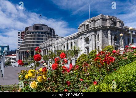 Parlamentsgebäude in Wellington, Neuseeland. Stockfoto