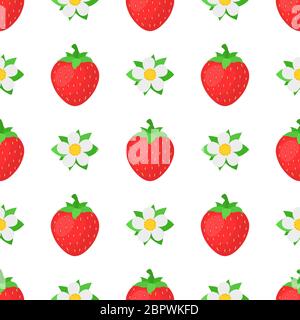 Nahtloses Muster mit frischen hellen exotischen ganzen Erdbeeren mit Blumen auf weißem Hintergrund. Sommerfrüchte für einen gesunden Lebensstil. Bio-Obst. Auto Stock Vektor