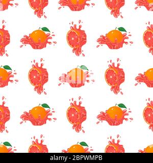 Nahtloses Muster mit frischen hellen Grapefruit Saft Spritzer platzen isoliert auf weißem Hintergrund. Sommerobstsaft. Cartoon-Stil. Vektorgrafik Stock Vektor