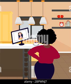 Eine schwarze Frau in der Küche arbeitet und bereitet Essen zu. Innenansicht des Home Office. Das Konzept der Remote-Arbeit. Freiberuflich. Hörbücher und Online Stock Vektor