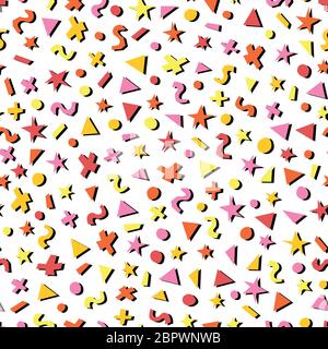 Papercut 3D-Stil geometrische Formen nahtlose Vektor-Muster. Memphis Art Linolschnitt Dreiecke, Punkte, Sterne und Kreise mit Schlagschatten in rosa, orange Stock Vektor