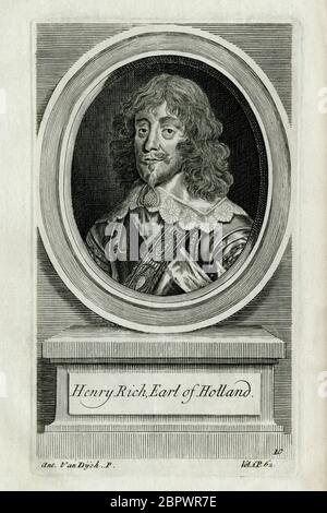 Der englische Bürgerkrieg, Henry Rich (1590–1649), 1. Earl of Holland, ein Höfling und Soldat, der zunächst auf der Seite des Parlaments kämpfte, dann aber zu den Royalisten übergelaufen ist. Anschließend wechselte er mehrmals die Seite. Kupferstich, der in den 1700er Jahren nach einem Porträt von Sir Anthony Van Dyck (1599–1641) erstellt wurde und 1740 in der Ausgabe von „History of the Rebellion and Civil Wars in England“ von Edward Hyde (1609–1674) verwendet wurde, wurde zum 1. Earl of Clarendon erhoben. Stockfoto