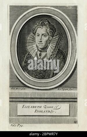 Königin Elizabeth I. von England (1533 - 1603). Gravur in den 1700er Jahren von Michael van der Gucht (1660-1725), nach einem Porträt von Sir Anthony More (ca. 1520-ca. 1576). Stockfoto