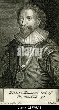 William Herbert, 3. Earl of Pembroke (1580-1630), Gründer des Pembroke College in Oxford und Patron der Künste. Gravur in den 1700er Jahren von George Vertue (1683-1756) nach einem Porträt von Daniel Mytens (1590-1647), das wiederum auf einem Gemälde von Sir Anthony van Dyck (1599-1641) basiert. Stockfoto