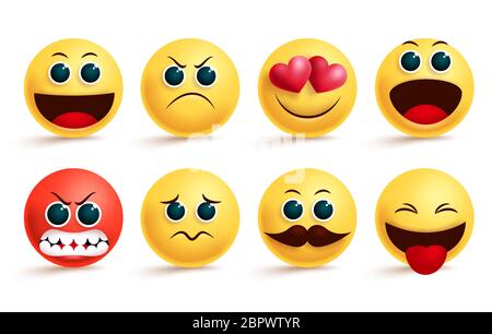 Emoji-Vektor-Set. Gelbe Emoji und Emoticon mit niedlichen wütend, verliebt, traurig und aufgeregt Mimik und Emotionen für Design-Elemente. Stock Vektor