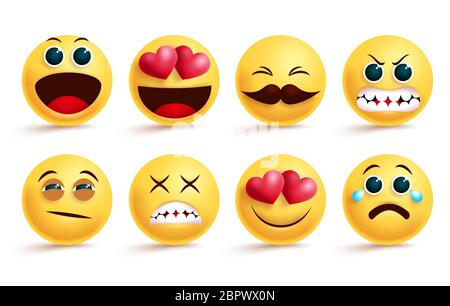 Emoji-Vektor-Set. Gelbe Gesicht Emojis und Emoticons mit verschiedenen Gesichtsausdrücken wie schläfrig, wütend, weinend und in der Liebe in weiß isoliert. Stock Vektor