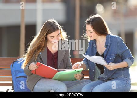 Zwei glückliche Studenten vergleich Noten sitzen auf einer Bank in einem Park Stockfoto