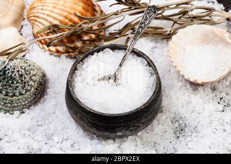 Still-Leben mit Salz, Muscheln und grobkörniges Meersalz Nahaufnahme Stockfoto