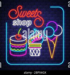 Süßwarenladen- Neon Zeichen Vektor. Sweets Shop - Neon-Schild auf Backstein Wand Hintergrund, Design-Element, Lichtbanner, Ankündigung Neon Schild Stock Vektor