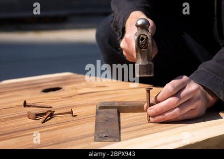 Hände eines Zimmermanns, der einen Kugelhammerschlag hält, um einen rostigen alten Nagel in ein Stück Holz zu treiben. Messwerkzeug auf dem Hintergrund. DIY, authentisches Mak Stockfoto