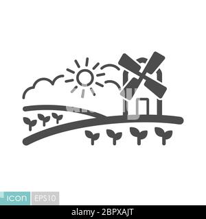 Ländliche Landschaft mit Mühle Symbol. Landwirtschaft unterzeichnen. Grafik Symbol für Ihre Web site Design, Logo, App, UI. Vector Illustration, EPS 10. Stockfoto