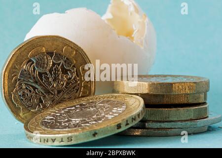 Ethisch bezog Wildvogeleierschale schoss nah oben mit britischen Pfundmünzen, einer zwei-Pfund-Münze und ungefähr 50 Pence Stücke. Stockfoto