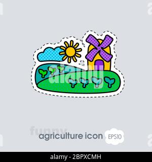 Ländliche Landschaft mit Mühle Symbol. Landwirtschaft unterzeichnen. Grafik Symbol für Ihre Web site Design, Logo, App, UI. Vector Illustration, EPS 10. Stockfoto