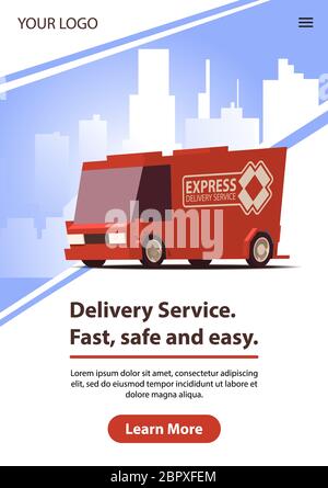 Postversand oder Logistik. Rote Lieferung Auto auf blauen Hintergrund Landschaft im Minimal Design mit roten Download-Button. Flache Vektorgrafik. Stockfoto