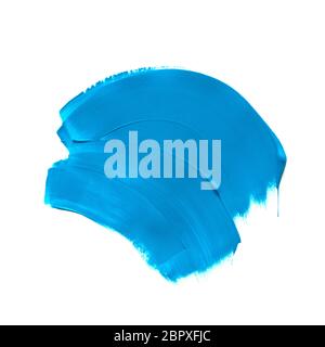 Blauer Acrylpinsel isoliert auf weißem Hintergrund. Farbmuster Konzept. Stockfoto