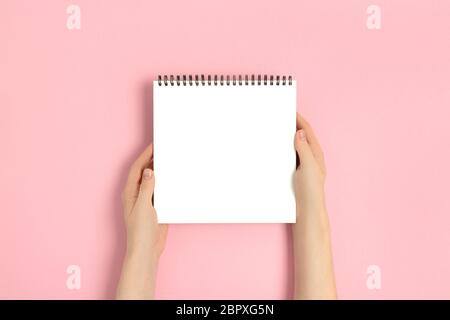 Weibliche Hände halten Notizblock. Leeres Copybook-Modell auf einem rosa Pastellgrund. Stockfoto