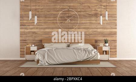 Minimalistische Elternschlafzimmer mit Doppelbett gegen Herunterfallen sichern hölzerne Wand - 3D-Rendering Stockfoto