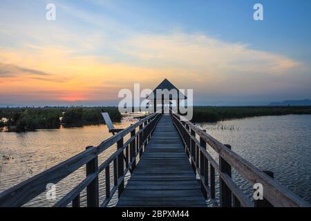 Hölzerne Brücke in Lotus See Sonnenuntergang pünktlich am Khao Sam Roi Yot National Park, Thailand Stockfoto