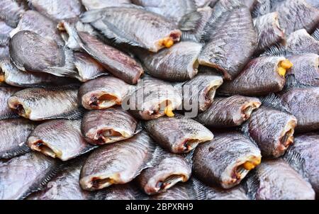 Getrocknete gesalzene damiselfish auf dem Straßenmarkt in Thailand verkauft Stockfoto