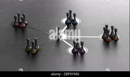 Organisierte Gruppen von einem Führer geleitet. 3D-Abbildung: Spielfiguren mit unterschiedlichen Farben über einen schwarzen Hintergrund. Stockfoto