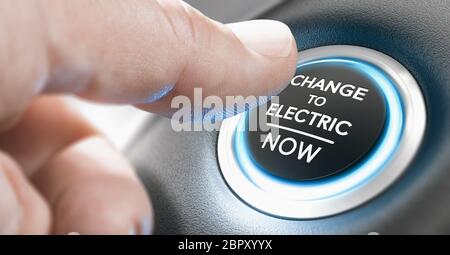 Finger drücken einen Start-Knopf mit der Meldung Wechsel auf elektrisch jetzt. Zusammengesetztes Bild zwischen einer Handfotografie und einem 3D-Hintergrund. Stockfoto
