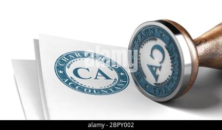 Zertifizierung Als Wirtschaftsprüfer. Blauer Stempel auf einem Blatt Papier auf weißem Hintergrund gedruckt. 3d-Darstellung Stockfoto