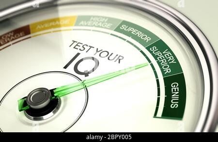 Konzept der IQ Tests, konzeptionelle Manometer mit Nadel nach sehr überlegene Intelligenz Quotient. Stockfoto