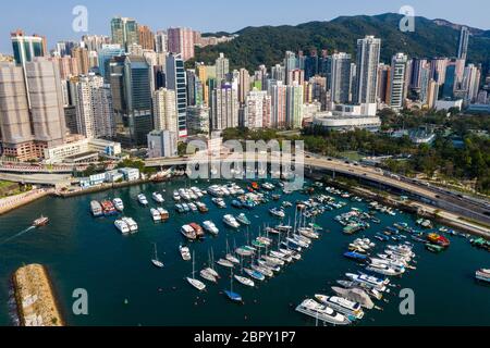 Causeway Bay, Hongkong 22. Februar 2019: Taifun-Schutzhütte in Hongkong Stockfoto