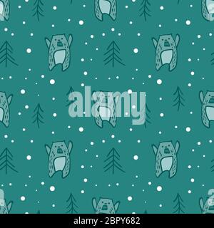 Winter-Nahtloses Muster mit brüllenden Bären und Tannen. Einfache Doodle Zeichnungen für niedliche Stoff-Design. Vektorgrafik. Stock Vektor