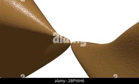 3D-Illustration einer geometrischen Form von sattelbraunen Farbe auf einem weißen abstrakten Hintergrund als gekrümmte und glänzende Oberfläche mit Stockfoto