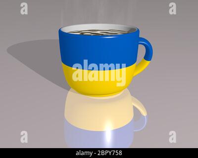 Ukraine legte auf eine Tasse heißen Kaffee auf dem Boden in einer 3D-Illustration mit realistischen Perspektive und Schatten gespiegelt Stockfoto