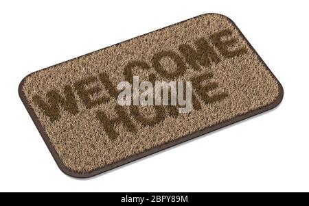 Braun Kokos Fußmatte mit Text WILLKOMMEN HOME 3D Rendering Illustration auf weißem Hintergrund Stockfoto