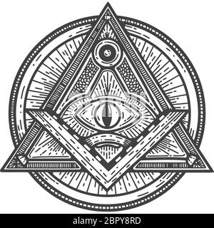 Quare und Kompass masonic Okkultismus schwarz weiß Auge der Vorsehung illuminati Abbildung Stockfoto