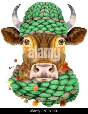 Bulle in gestrickten grünen Hut Aquarell Grafiken. Bull Tier Illustration mit Spritzwasser-Farbe texturierten Hintergrund. Stockfoto
