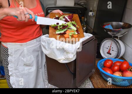 Detail einer weiblichen Hand Entsorgung der organischen Abfälle in einem geeigneten Behälter mit Küche im Hintergrund Stockfoto