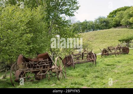 Alte Landmaschinen rosten auf einem Feld an der walisischen Grenze in der Nähe von Knighton, Powys, Wales, Großbritannien Stockfoto