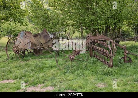 Alte Landmaschinen rosten auf einem Feld an der walisischen Grenze in der Nähe von Knighton, Powys, Wales, Großbritannien Stockfoto