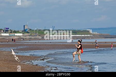Portobello.Edinburgh, Schottland, Großbritannien. 20 Mai 2020. Ruhiger Start heiß sonnig und 18 Grad Celsius vor 10 Uhr. Weibchen tritt Meerwasser für ihren Torhüterhund, um seine Fähigkeiten zu demonstrieren. Stockfoto
